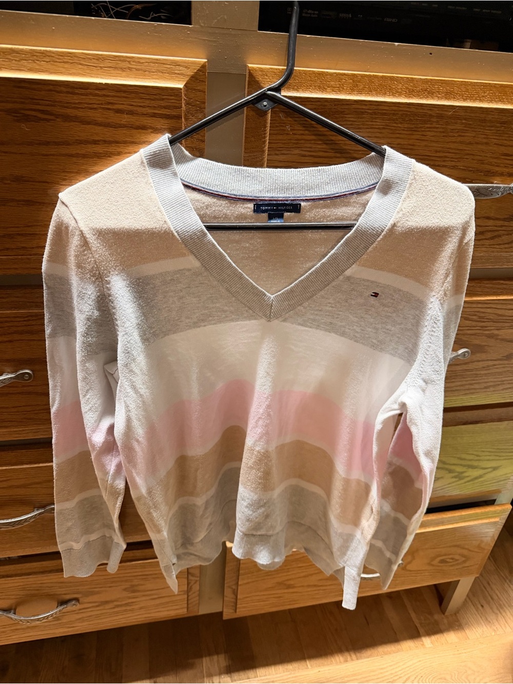 Tommy Hilfiger Women's V-Neck Striped Sweater - White, Pink, Tan